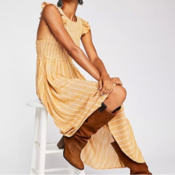 Free People Chambray Butterflies Boho midi dress Sz XS smocked bodice - Picture 2 of 13